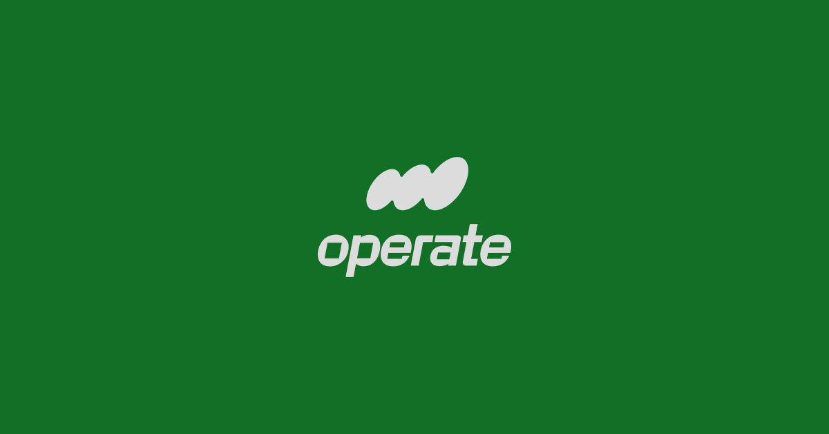 Light gray Operate mark above an italic Operate wordmark on a green canvas.